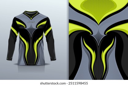 Modelo de manga longa da camisa de esporte mockup linha de curva design abstrato para motocross motocicleta futebol futebol, corridas, e esportes, cor preta amarela