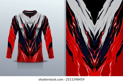 
Modelo de manga longa da camisa de esporte mockup textura rústica grunge mármore abstrato design para motocross motocicleta futebol futebol futebol, corridas, e esportes, cor preta vermelha