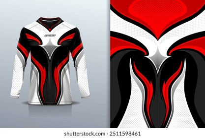 Modelo de manga longa da camisa de esporte mockup linha de curva design abstrato para motocross motocicleta futebol futebol, corridas, e esportes, cor preta vermelha