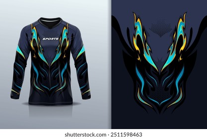 Modelo de manga longa da camisa de esporte mockup textura rústica grunge mármore abstrato design para motocross motocicleta futebol futebol futebol, corridas, e esportes, cor preta azul