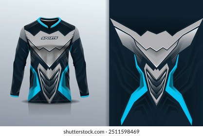 Modelo de manga longa da camisa de esporte mockup linha de curva design abstrato para motocross motocicleta futebol futebol, corridas, e esportes, azul cinza preto cor