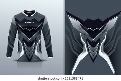 Modelo de manga longa da camisa de esporte mockup linha de curva design abstrato para motocross motocicleta futebol futebol, corridas, e esportes, cor preta cinza