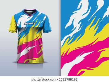 Sport jersey long sleeve template mockup texture rustic grunge marble abstract design for running football soccer, racing, e sports, blue yellow pink color