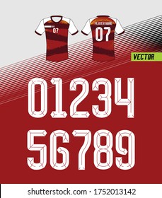 Sport Jersey Shirt Number/ Uniform Numbers In White On Red  Backgrounds  For American Football, Baseball And Basketball Or Soccer For Shirt