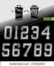 Sport Jersey shirt number/ Uniform numbers in white with a white outside contour line  on white gray for American football, Baseball and Basketball or soccer for shirt