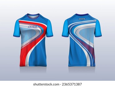 Sport jersey template mockup curve line abstract design for football soccer, racing, gaming, running, blue color