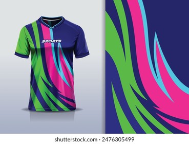 Sport jersey template mockup curve wave design for football soccer, racing, running, e sports, blue pink green color