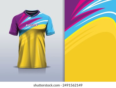 Sport jersey template mockup curve wave design for football soccer, racing, running, e sports, blue yellow purple color