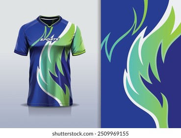 Modelo de camisa de esporte mockup curva onda de fogo design para futebol futebol, corrida, corrida, e esportes, verde azul cor branca