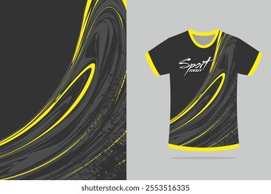 Sport jersey template mockup curve design for football soccer, racing, running, e sports, black gray yellow white color EPS 10