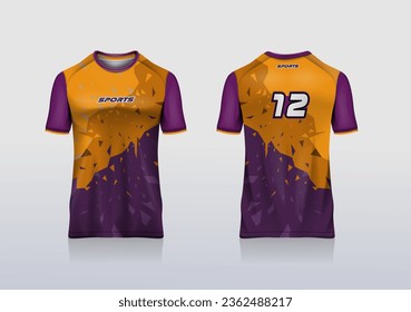 Sport jersey template mockup grunge abstract design for football soccer, racing, gaming, purple orange color