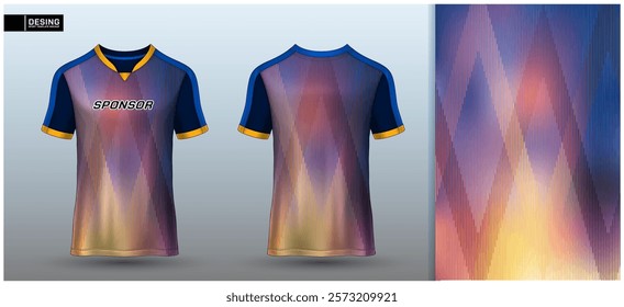 Sport jersey template mockup Premium geometric pattern Dark blue, purple and gold tone for soccer, racing, running, racing cycling gaming motocross sports