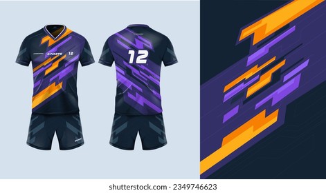 Sport jersey template mockup stripe line abstract design for football soccer, racing, gaming, purple, orange color