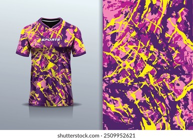 Modelo de camisa esporte mockup textura grunge design abstrato para futebol futebol, corrida, corrida, e esportes, cor roxa amarelo rosa	