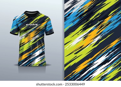 Modelo de camisa de esporte mockup textura grunge rústico abstrato vetor design para futebol futebol, corrida, corrida, e esportes, verde azul laranja preto cor