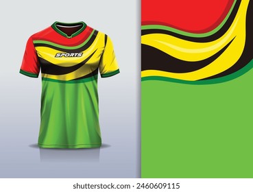 Sport jersey template mockup wave abstract design for football soccer, racing, gaming, running, green yellow red color