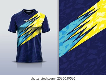 
Sport jersey template sharp line mockup texture grunge rustic abstract vector design for football soccer, racing, running, e sports, blue yellow color	