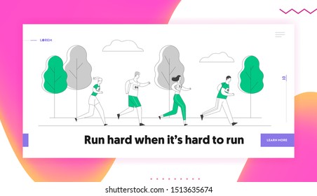 Sport Jogging Competition Website Landing Page. Group of People Running Marathon Distance. Athlete Sprinter Sportsmen and Sportswomen Run Web Page Banner. Cartoon Flat Vector Illustration, Line Art