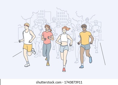 Sport, jogging, marathon, activity concept. Group of multiracial people men and women athletes running participate in city race. Summertime outdoor activity and healthy active lifestyle illustration.