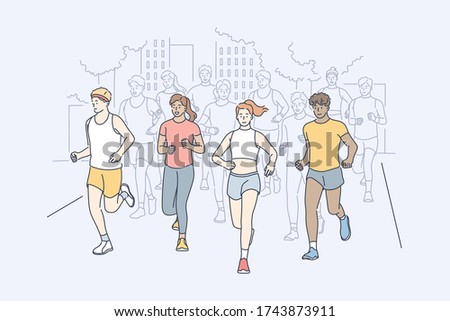 Sport, jogging, marathon, activity concept. Group of multiracial people men and women athletes running participate in city race. Summertime outdoor activity and healthy active lifestyle illustration.