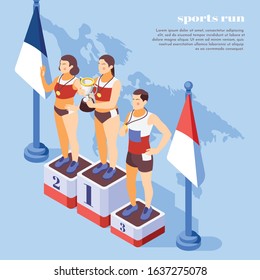 Sport jogging marathon winners award ceremony isometric composition with runners on podium holding cup medals vector illustration  