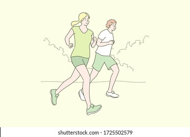 Sport, jogging, workout concept. Young happy smiling couple man woman boyfriend athletes cartoon characters and girlfriend running at park together. Summer recreation and active lifestyle illustration