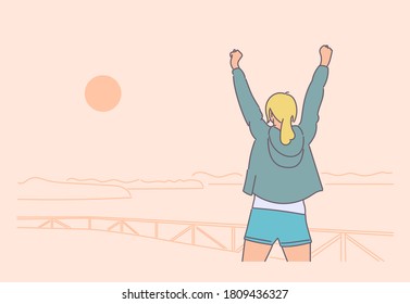 Deporte, jogging, concepto de entrenamiento. Una joven o niña feliz disfruta de un jonrón nocturno. Esparcimiento de verano e ilustración del estilo de vida activo