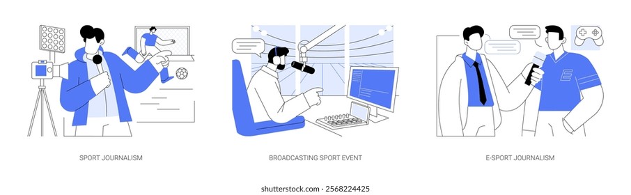 Sport journalism isolated cartoon vector illustrations set. Professional press, journalist broadcasting live from a stadium, camera man filming event, interviewing e-sport player vector cartoon.