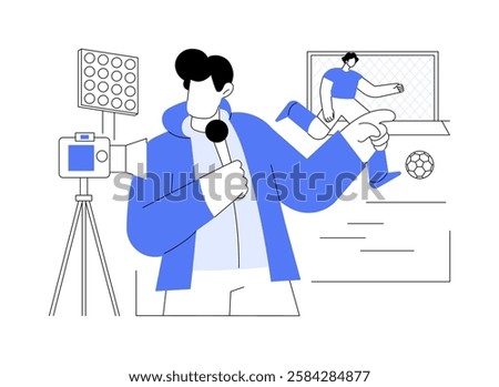 Sport journalism isolated cartoon vector illustrations. Professional sport journalist with microphone making reportage from stadium in front of camera, news before football match vector cartoon.