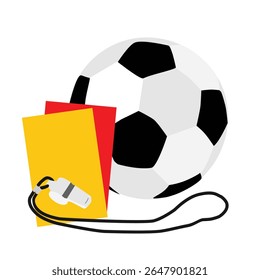 Sport judging concept. Soccer game referee. Football ball, red and yellow cards, whistle isolated on white background. Vector illustration