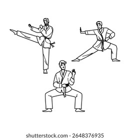 esporte karate homem vetor. disciplina marcial, foco de técnica, equilíbrio poder esporte caratê homem personagem. pessoas linha preta lápis desenho ilustração