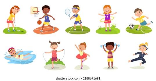 Sport Kids. Basketball Kid, Karate Boy And Girl Playing Golf. Swimming, Soccer And Tennis Activities. Jump Rope, Spin A Hoop, Do Ballet And Exercises Vector Set. Children With Equipment