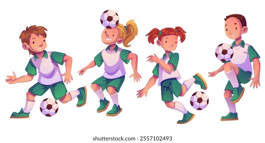 Sport kids character set - children playing soccer in white and green uniforms, demonstrating different ball control techniques, dribbling and heading skills. Youth football game educational design.