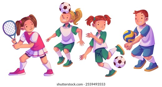 Sport kids character set - tennis player in pink skirt, girls balancing soccer balls and demonstrating football skill, boy kicking volleyball blue yellow ball. Youth sports activities and game design.