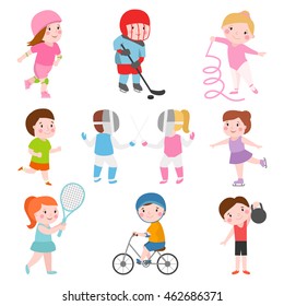 Sport kids characters with toys and sport kids activity group, kids playing various sports games such us hockey, football, gymnastics, fitness, tennis, basketball, roller skating, bike flat vector