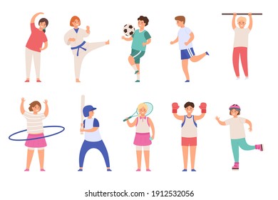 Sport kids. Children play football and tennis, doing exercise and karate, run and boxing. Boys and girls physical activities flat vector set. Teenagers in uniform and with equipment