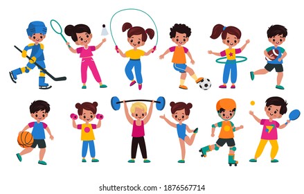 Sport kids. Children with sports attributes, boys and girls with different balls, fitness accessories and rackets. Young characters plays hockey and tennis, rugby and basketball. Cartoon vector set