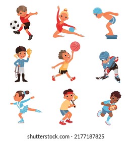 Sport kids. Cute little athletes. Boys and girls hold accessories. Sportsmen with sticks and rackets. Balls or clubs. Children activities. Tennis or soccer player