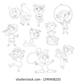 Sport for kids. Physical Training, Fitness, Karate, Yoga, Aerobics, Gymnastics, Dancing. Let's play. Funny cartoon character. Vector illustration. Isolated on white background. Coloring book