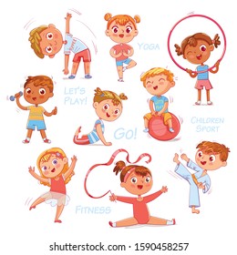 Deporte para los niños. Entrenamiento físico, Fitness, Karate, Yoga, Aerobic, Gimnasia, Baile. Juguemos. Ilustraciones de diseño vectorial de estilo dibujado a mano, graciosos personajes de caricatura. Aislado sobre fondo blanco