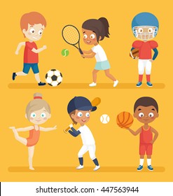 Sport Kids Playing Football, Tennis, Baseball, Basketball And Others.