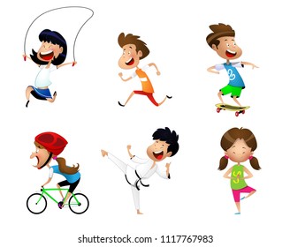 Sport kids set including jogging, martial arts, yoga, bicycle, jumping rope, roller skating. Vector