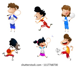 Sport kids set including tennis, badminton, volleyball, soccer, basketball, roller skating. Vector