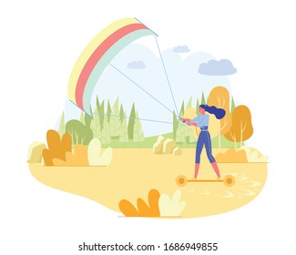 Sport Kiting, Riding on Dusty Road at Forest. Woman Stand on Board with Wheel, in Hand she Hold Mount to Kite, Move Toward Wind. Around Stone, Colorful Bush and Tree. Active Entertainment Athlete.