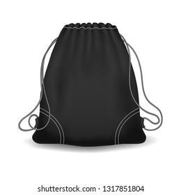 Sport knapsack. Black sports bag, vector deportes drawstring knapsack, shoes bagful for school garment luggage isolated