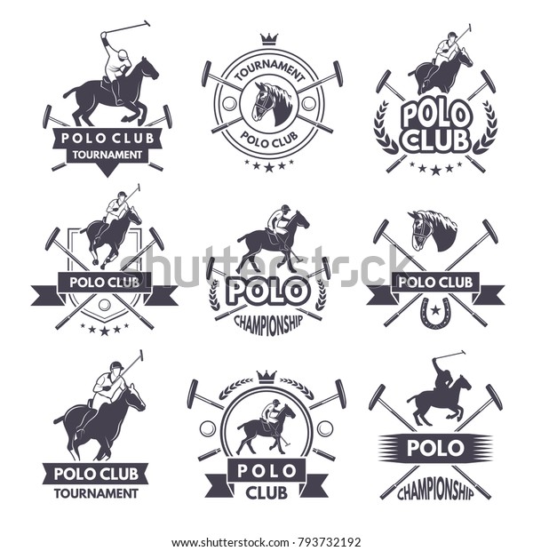 Sport labels for\
polo games. Monochrome silhouette of jockey and horse. Polo sport\
competition game\
illustration