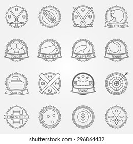 Sport labels - vector set of dark sports badges or emblems in line art style