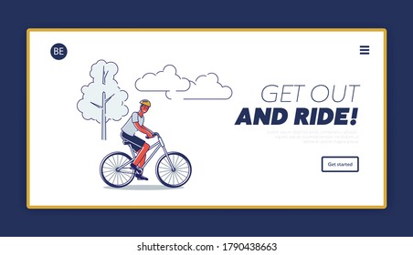 Sport landing page with african american man riding bike. Cartoon male in helmet on bicycle. Outdoor activity, competition race and healthy lifestyle concept. Linear vector illustration