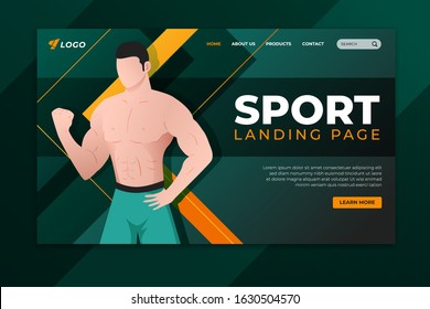 Sport landing page with bodybuilder illustration. Web page template design for gym, personal trainer and fitness center