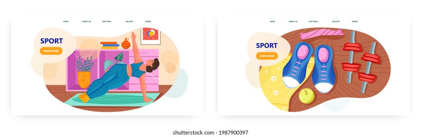 Sport landing page design, website banner vector template set. Woman doing yoga stretching exercises. Home fitness.